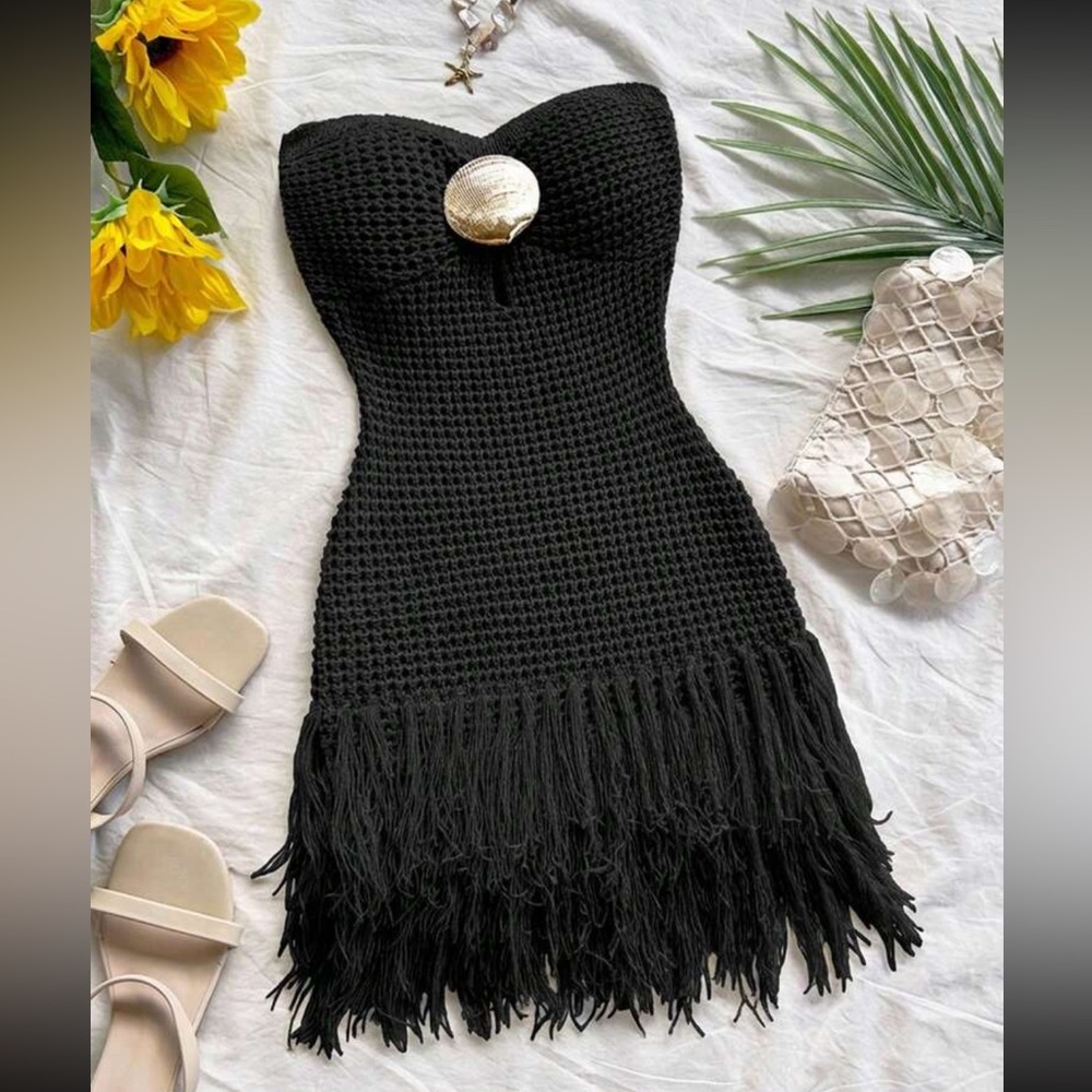 Strapless Black Crochet Fringe Dress